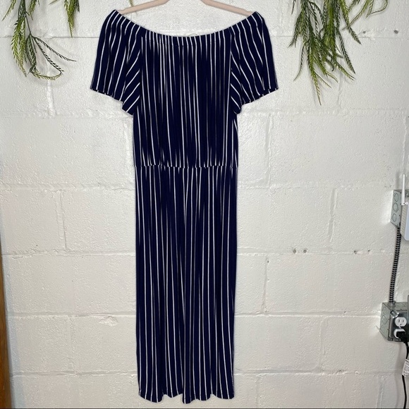 Gianni Bini Navy Blue & White Striped Off The Shoulder Midi Dress Size Large - Picture 4 of 7
